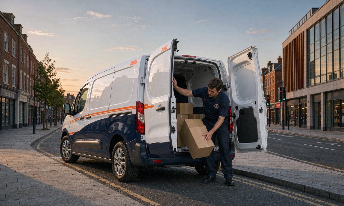 Freightwise courier van unloading parcels on a British high street